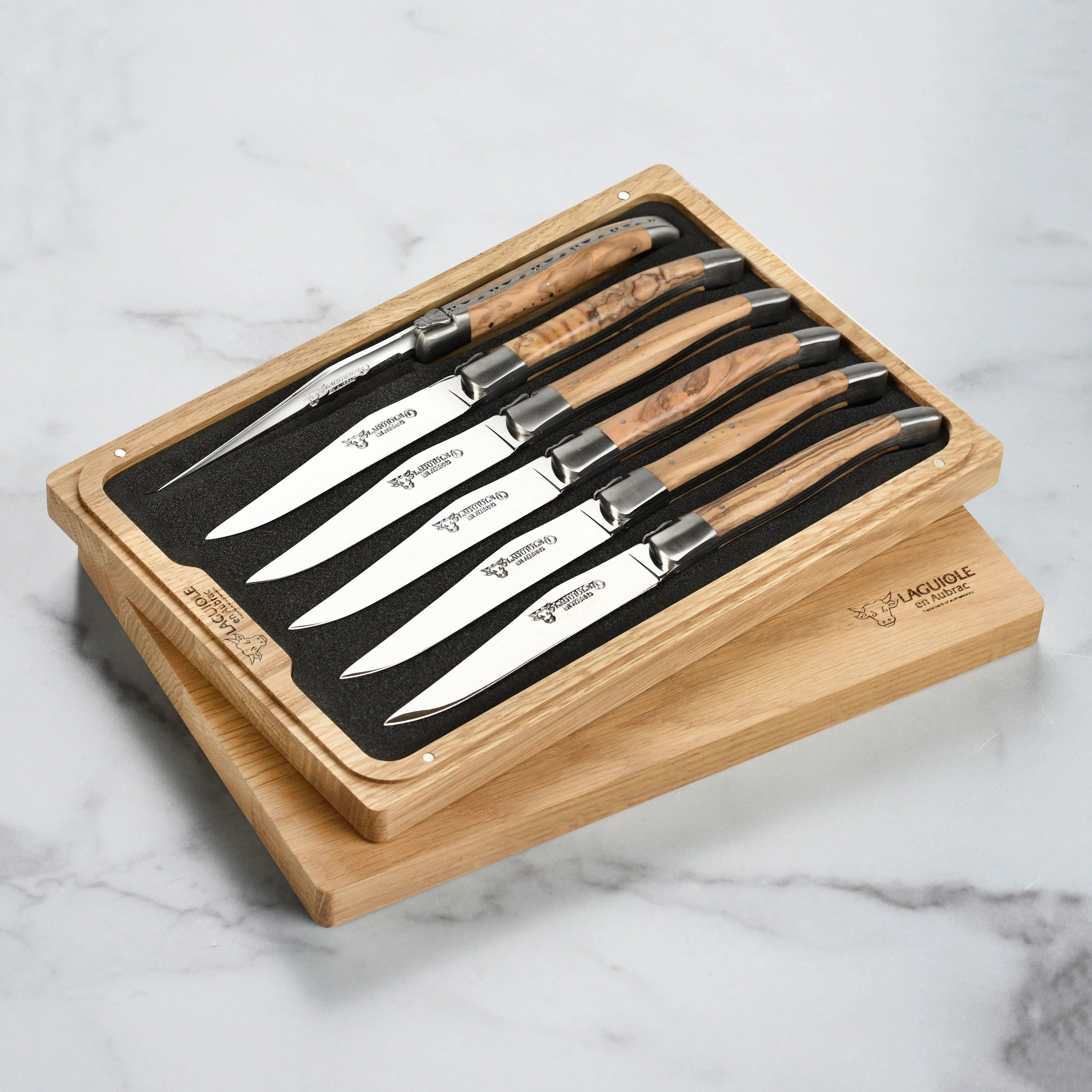 Laguiole 6 Piece Black Knife Set in Wooden Gift Box with Acrylic Lid