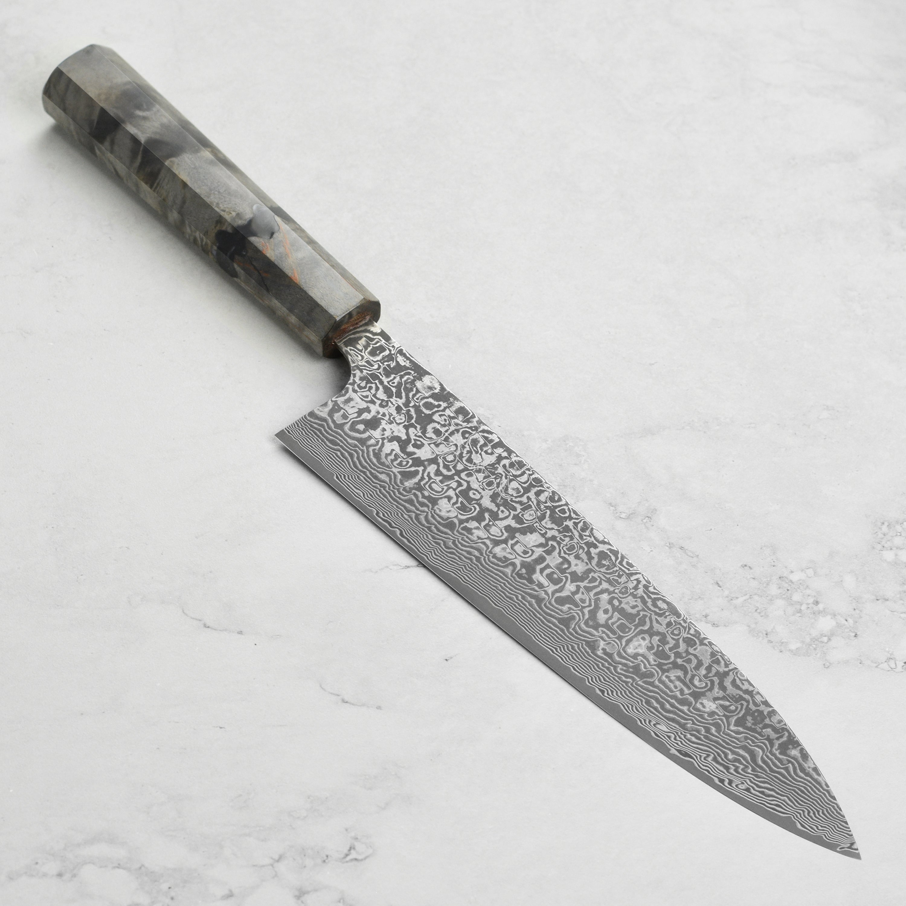 Takeshi Saji SG2/R2 Black Damascus 240mm Gyuto, Stabilized Birch
