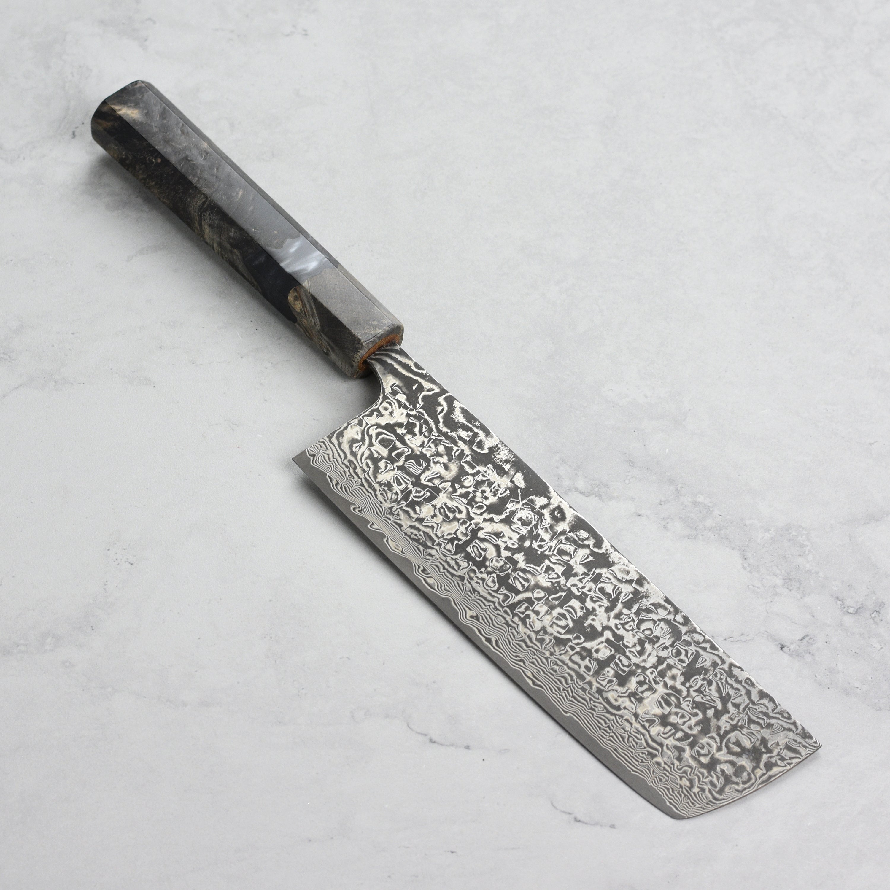 Takeshi Saji R2/SG2 Black Damascus Nakiri Knife, Stabilized Birch