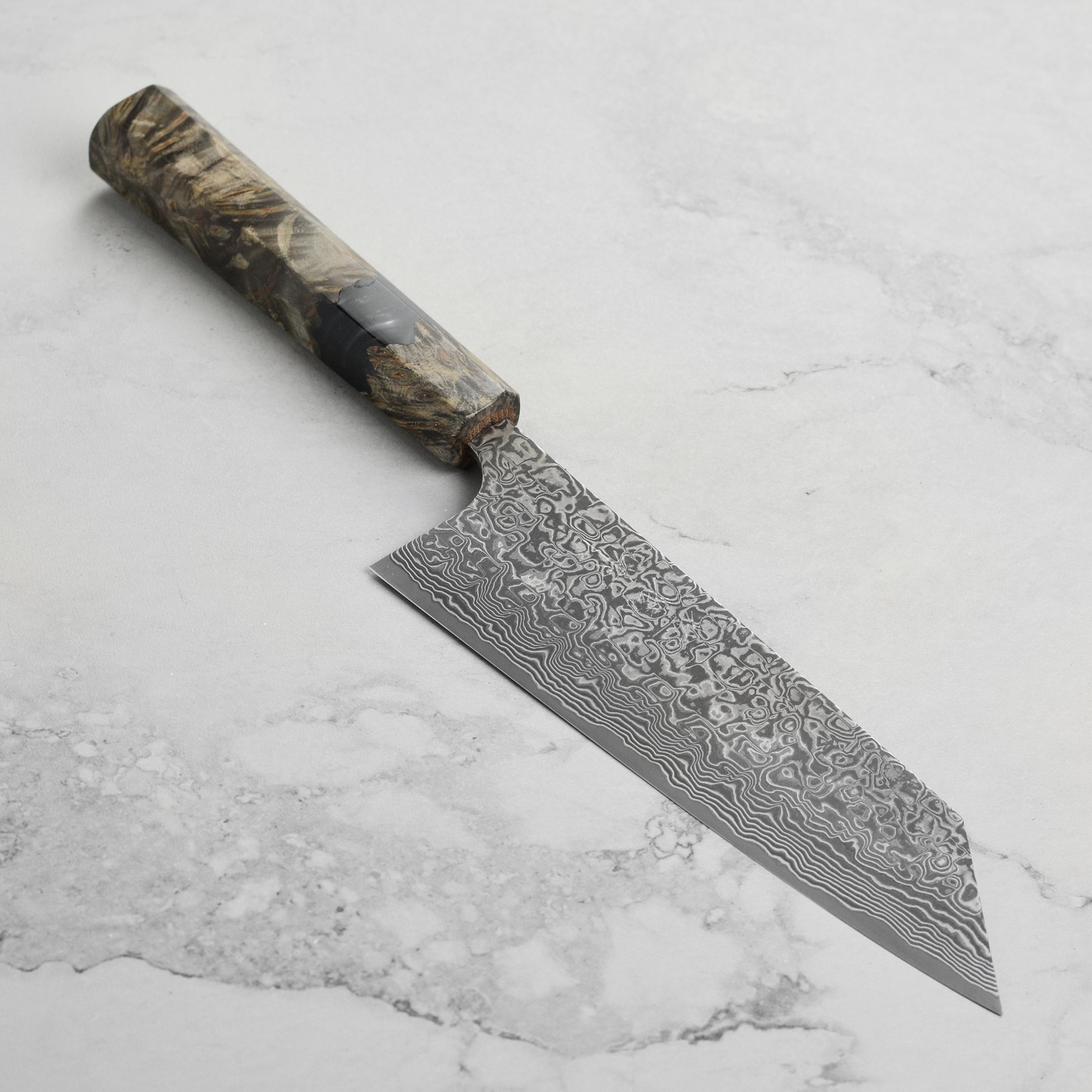 Takeshi Saji R2/SG2 Black Damascus Bunka Knife, Stabilized Birch