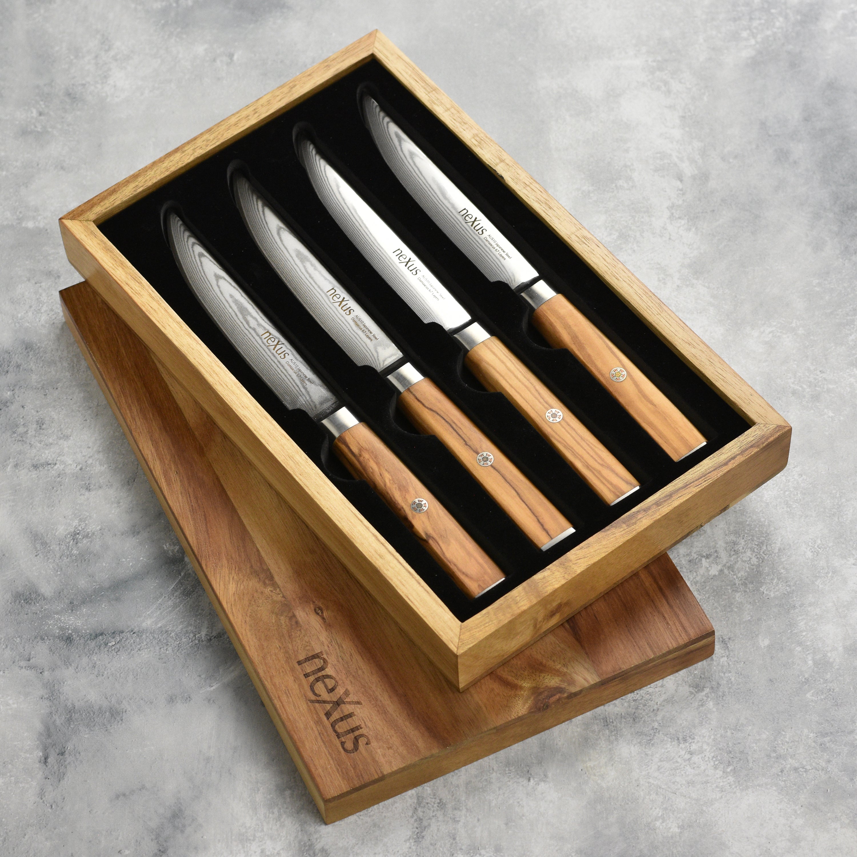 Nexus Damascus Olive Wood Steak Knife Set, 4 Piece with Storage