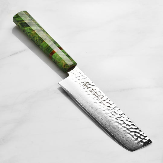 Takayuki Tsuchime Damascus 6.7" Nakiri, Green Stabilized Handle