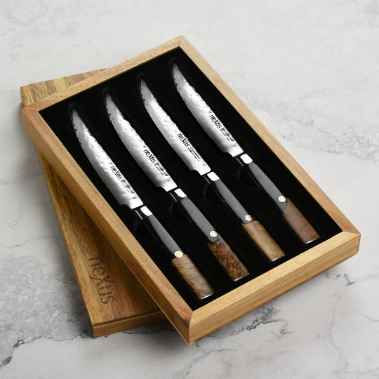 Nexus 4 Piece Damascus Steak Knife Set, Black Resin & Stabilized Wood