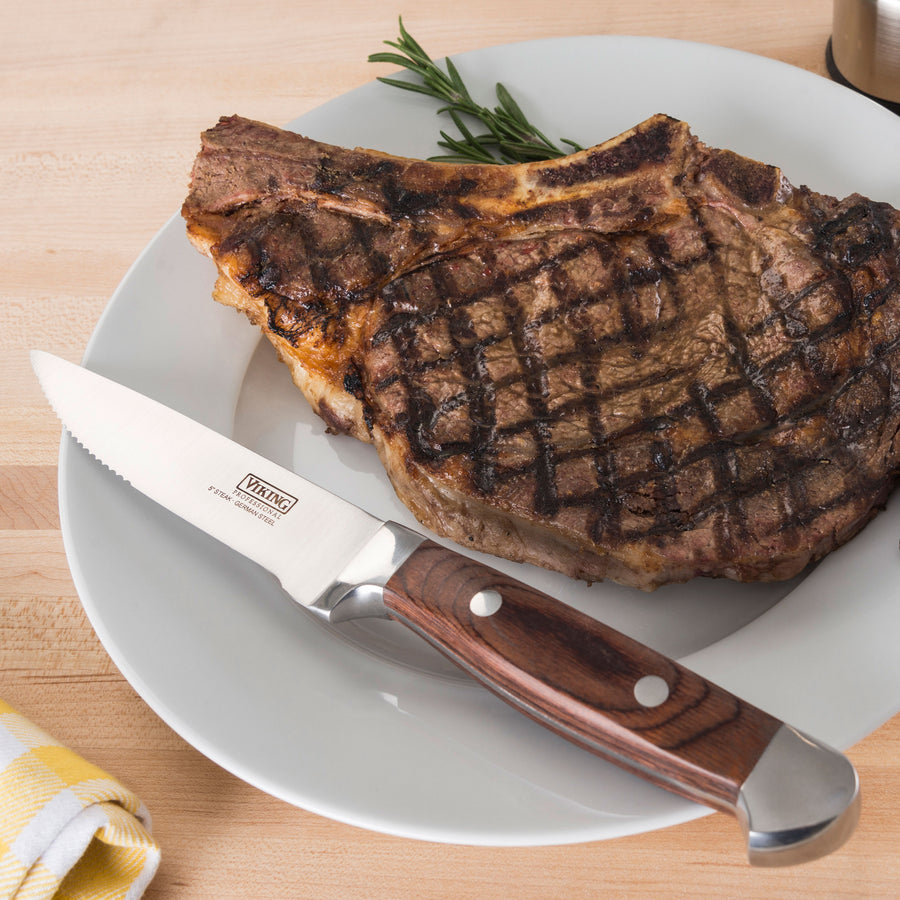 Viking 6 Piece Red Pakkawood Serrated Steak Knife Set with Presentation Case