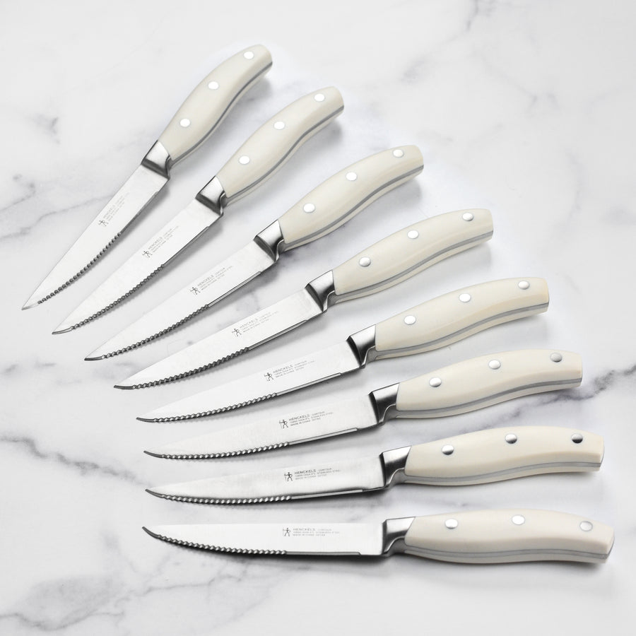 Henckels 8 Piece Forged Serrated Steak Knife Set with Gift Box, Off-White Handles