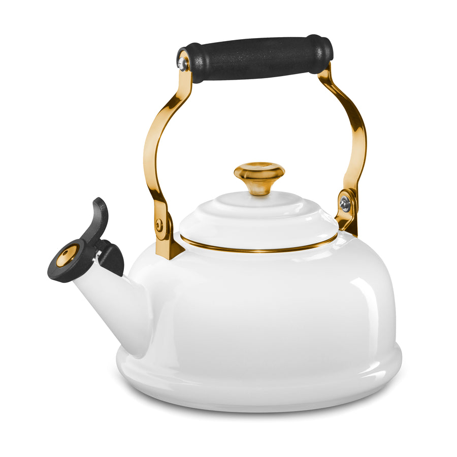 Le Creuset Enameled Steel 1.7-quart White Whistling Tea Kettle with Gold Knob