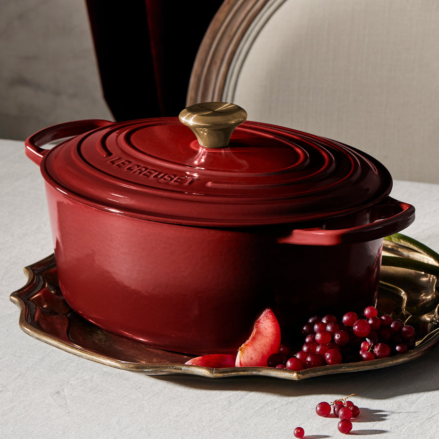 American Collection Stock Pot Enameled Cast Iron Oval Dutch Oven Deep Red  W/ Lid