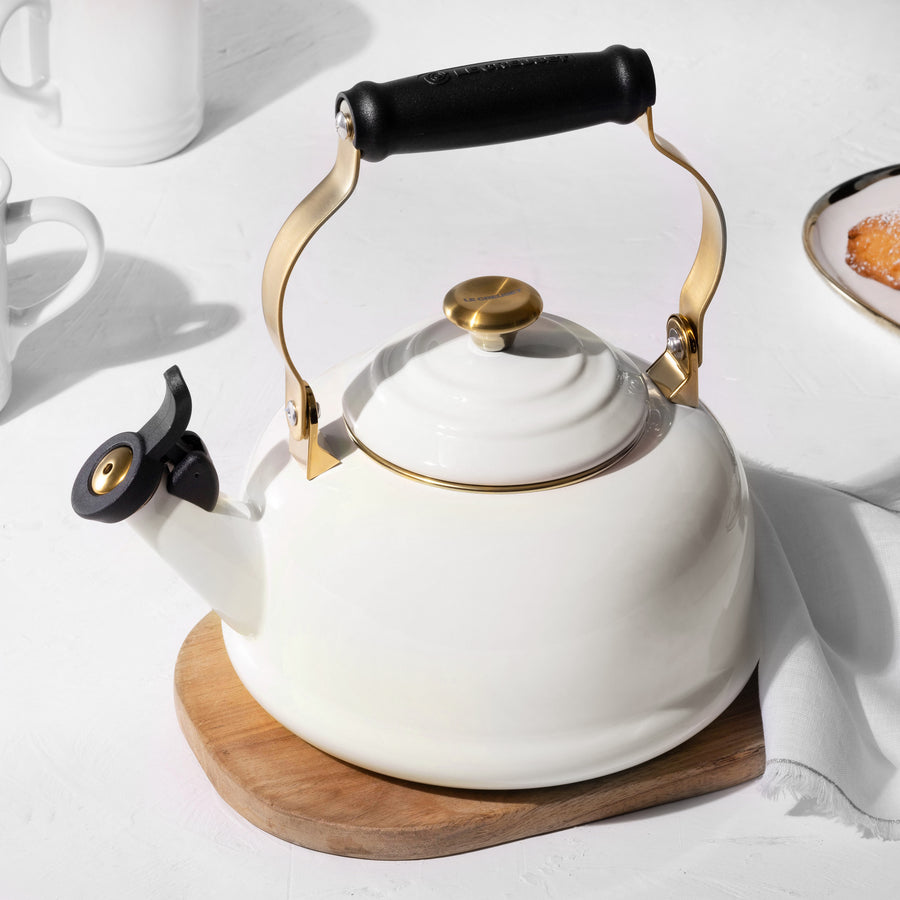 Le Creuset Tea Kettle Whistling White with Gold Knob