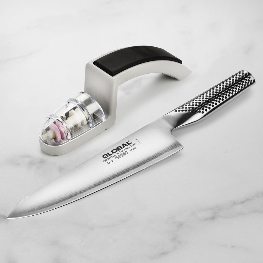 Global 8" Chef's Knife with Water Stone Sharpener