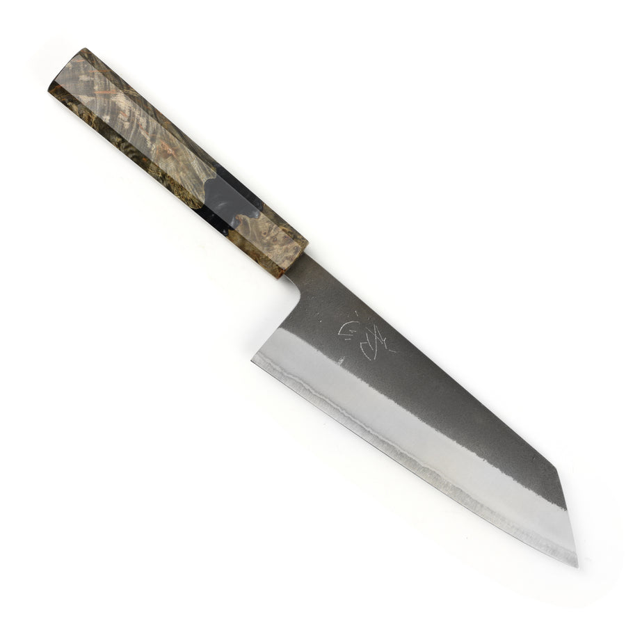 Yoshikane Shirogami #2 Kurouchi Stainless Clad 6.5" Bunka, Stabilized Birch