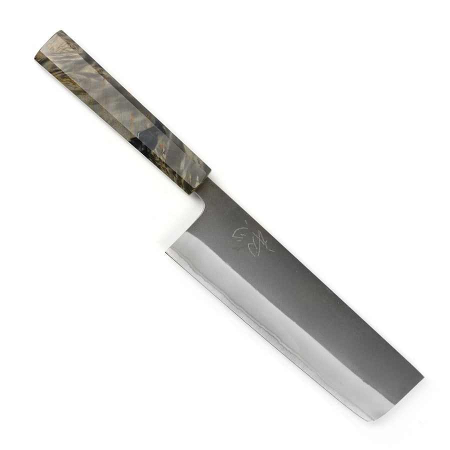 Yoshikane Shirogami #2 Kurouchi Stainless Clad 6.5" Nakiri, Stabilized Birch