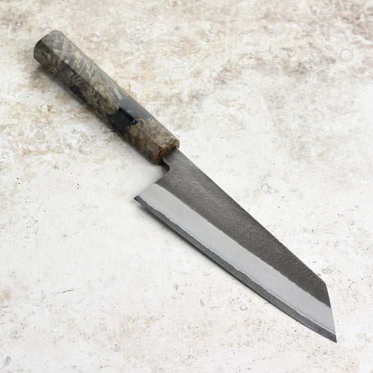 Yoshikane Shirogami #2 Kurouchi Stainless Clad 6.5" Bunka, Stabilized Birch