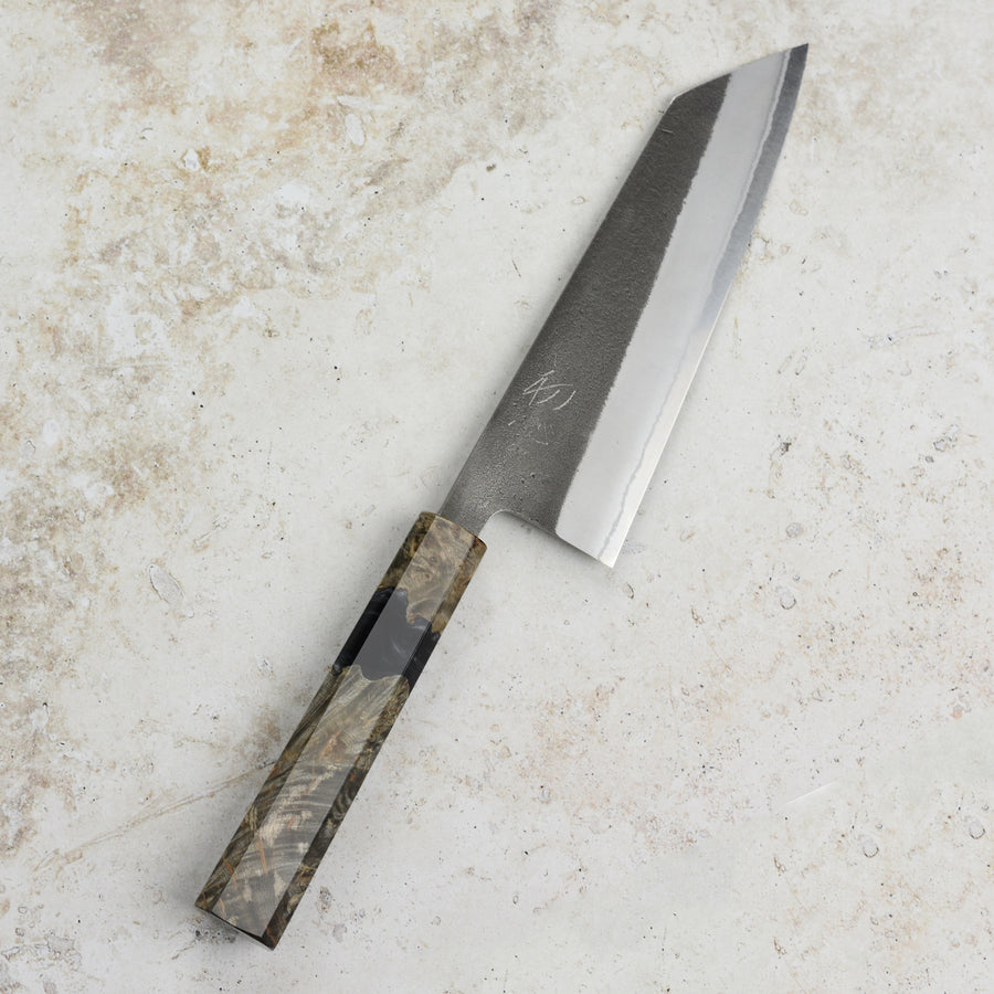 Yoshikane Shirogami #2 Kurouchi Stainless Clad 6.5" Bunka, Stabilized Birch