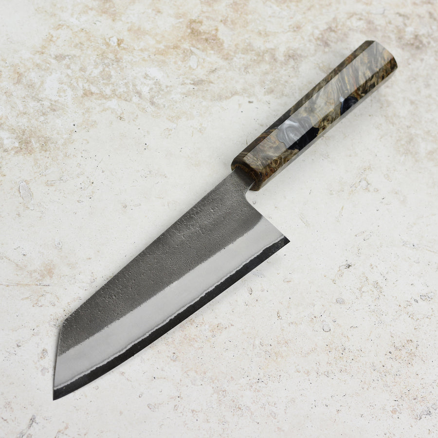 Yoshikane Shirogami #2 Kurouchi Stainless Clad 6.5" Bunka, Stabilized Birch