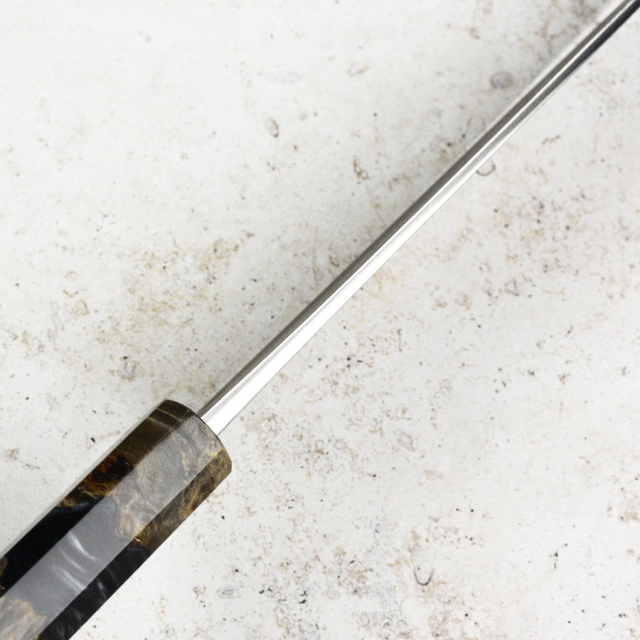 Yoshikane Shirogami #2 Kurouchi Stainless Clad 6.5" Bunka, Stabilized Birch