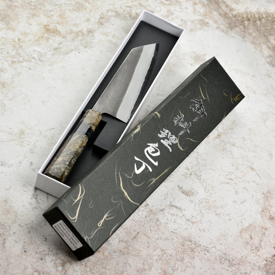 Yoshikane Shirogami #2 Kurouchi Stainless Clad 6.5" Bunka, Stabilized Birch