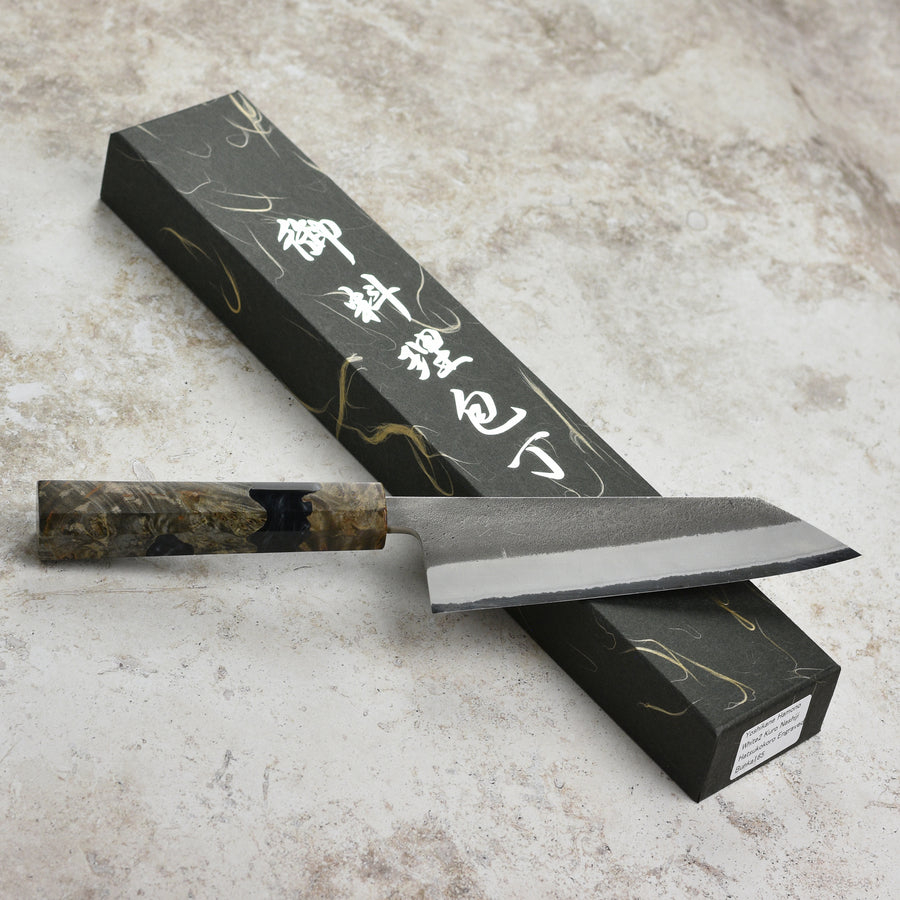 Yoshikane Shirogami #2 Kurouchi Stainless Clad 6.5" Bunka, Stabilized Birch
