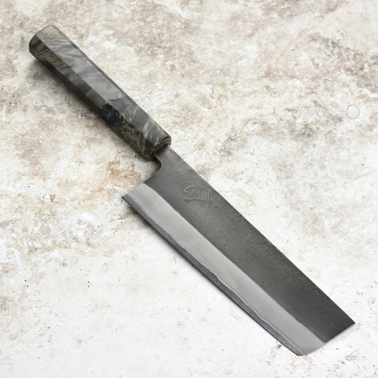 Yoshikane Shirogami #2 Kurouchi Stainless Clad 6.5" Nakiri, Stabilized Birch