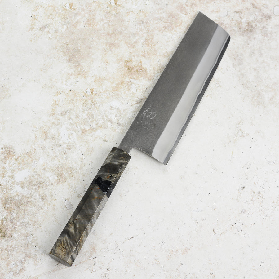 Yoshikane Shirogami #2 Kurouchi Stainless Clad 6.5" Nakiri, Stabilized Birch