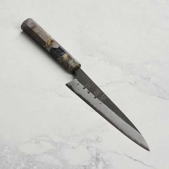 Hatsukokoro Shinkiro Aogami Super Kurouchi Damascus 5.9" Petty, Stabilized Birch