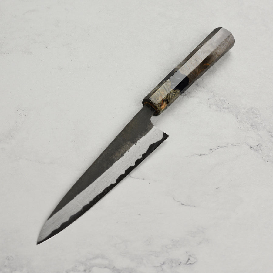 Hatsukokoro Shinkiro Aogami Super Kurouchi Damascus 5.9" Petty, Stabilized Birch