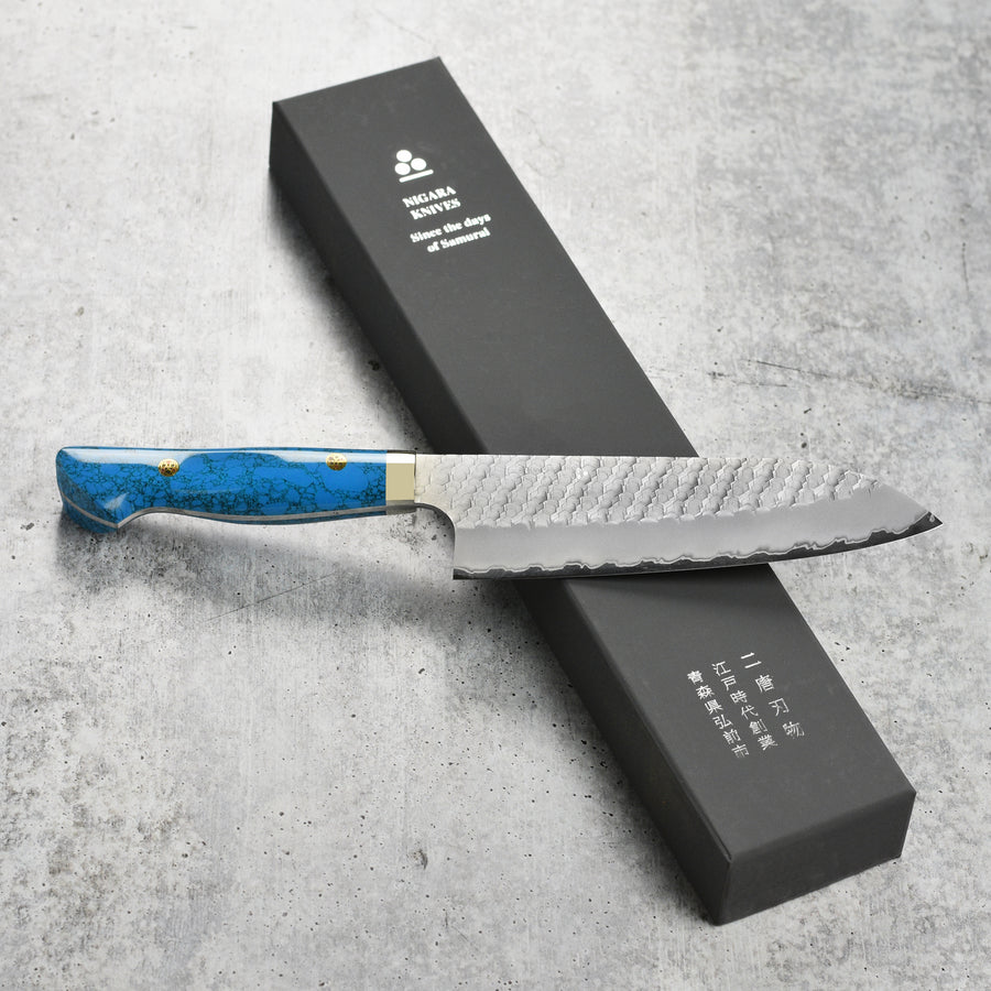 Nigara SG2 Migaki Tsuchime 7" Santoku, Blue Turquoise