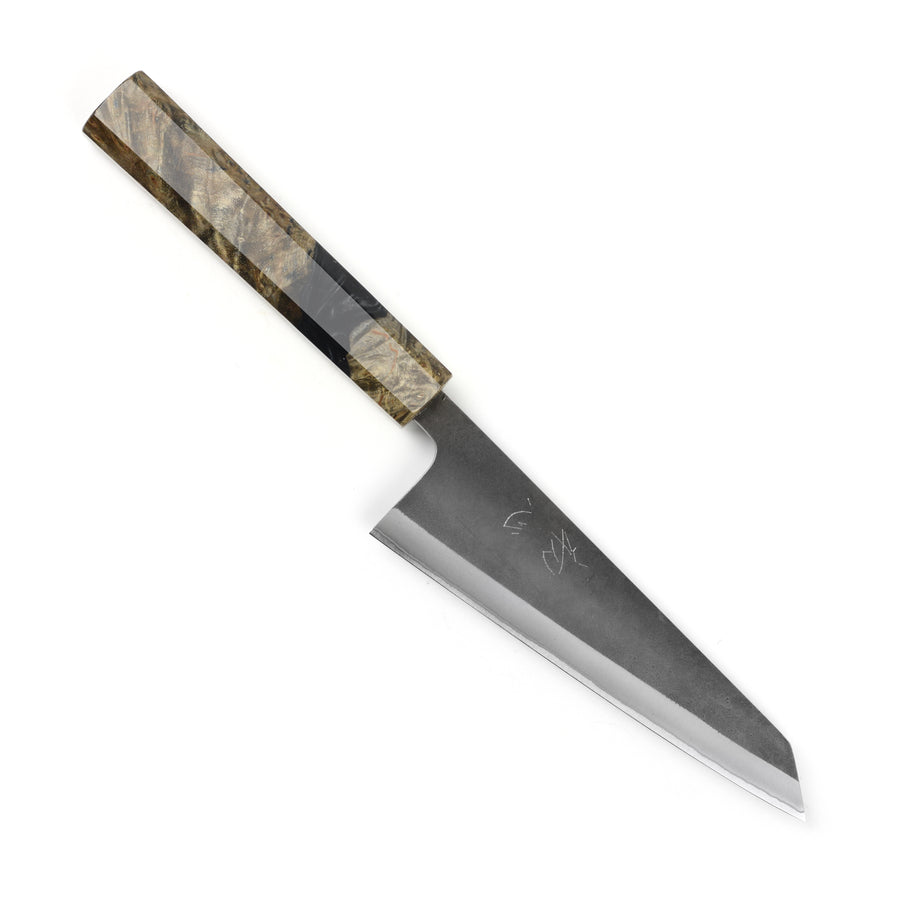 Yoshikane Shirogami #2 Kurouchi Stainless Clad 5.9" Honesuki, Stabilized Birch