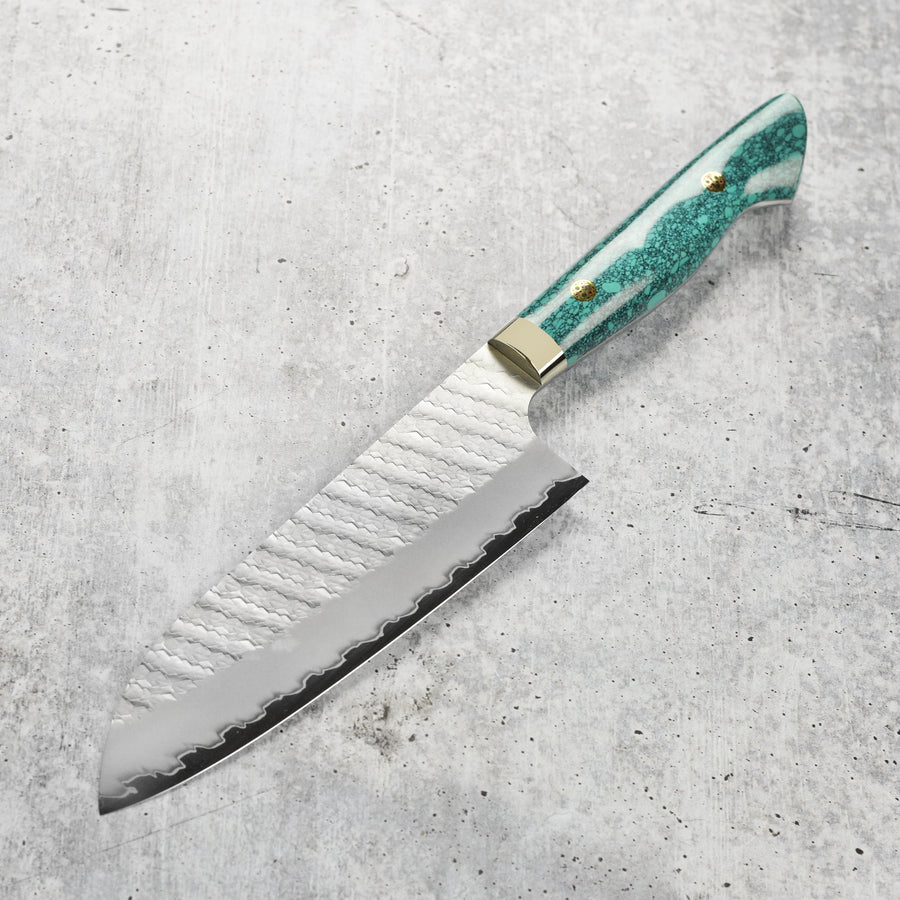 Nigara SG2 Migaki Tsuchime 7" Santoku, Green Turquoise