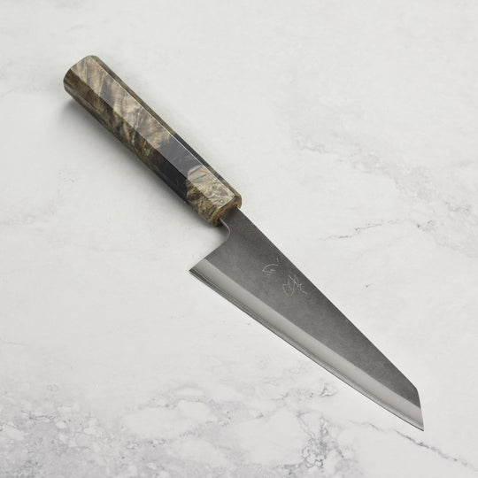 Yoshikane Shirogami #2 Kurouchi Stainless Clad 5.9" Honesuki, Stabilized Birch