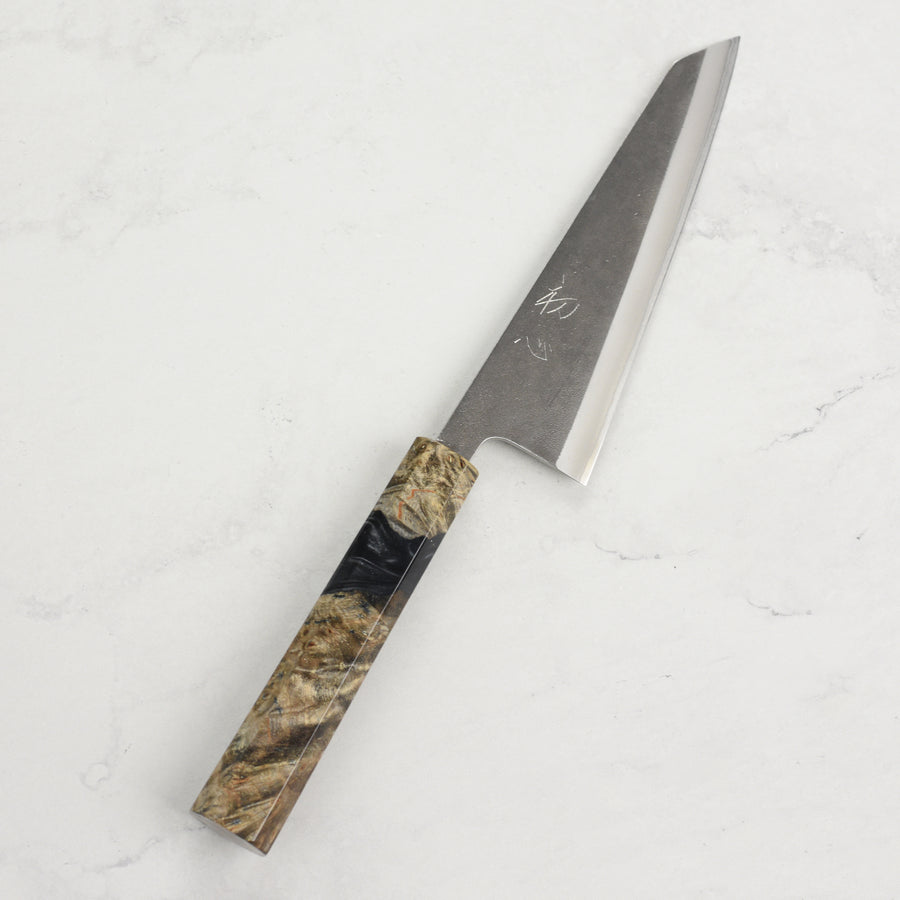 Yoshikane Shirogami #2 Kurouchi Stainless Clad 5.9" Honesuki, Stabilized Birch