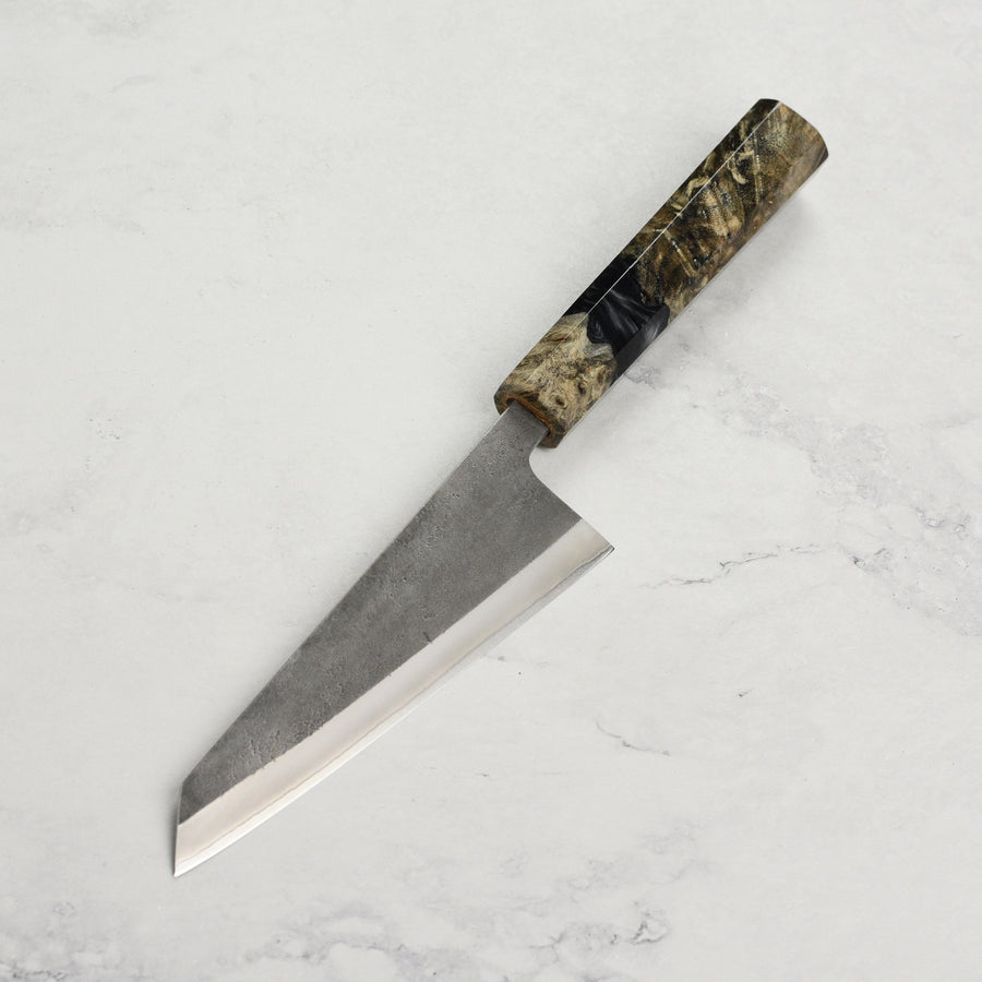 Yoshikane Shirogami #2 Kurouchi Stainless Clad 5.9" Honesuki, Stabilized Birch