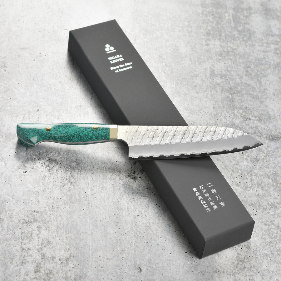 Nigara SG2 Migaki Tsuchime 7" Santoku, Green Turquoise