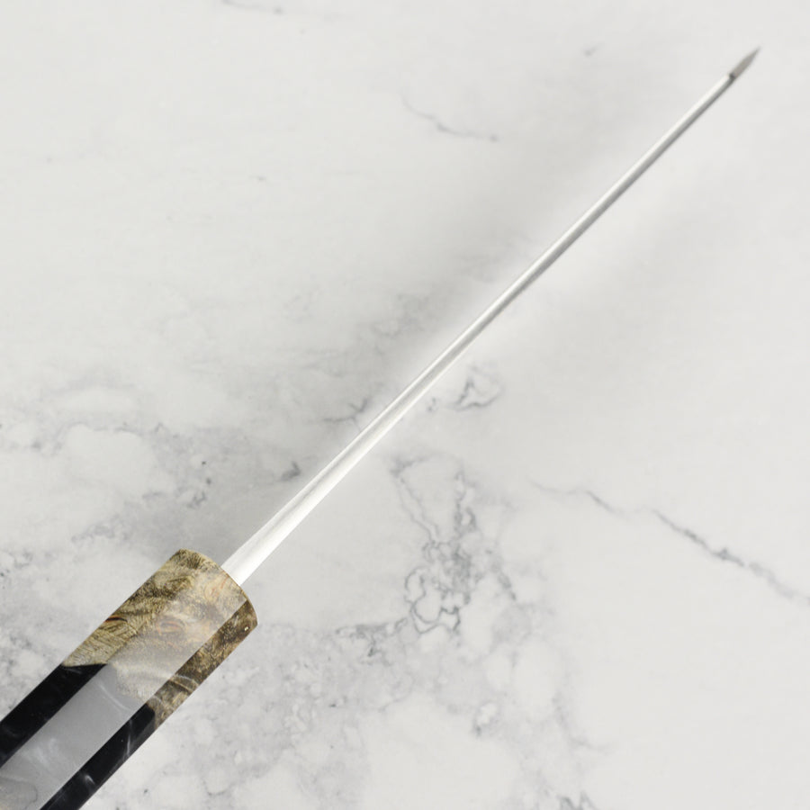 Yoshikane Shirogami #2 Kurouchi Stainless Clad 5.9" Honesuki, Stabilized Birch