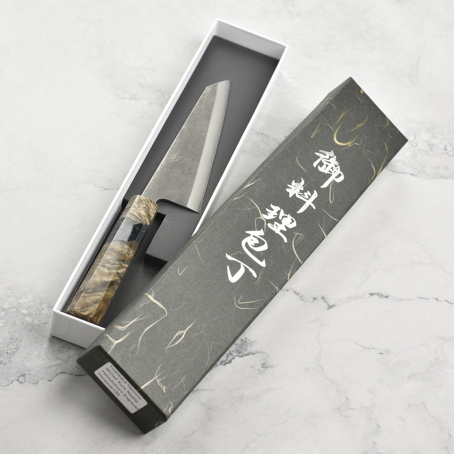 Yoshikane Shirogami #2 Kurouchi Stainless Clad 5.9" Honesuki, Stabilized Birch