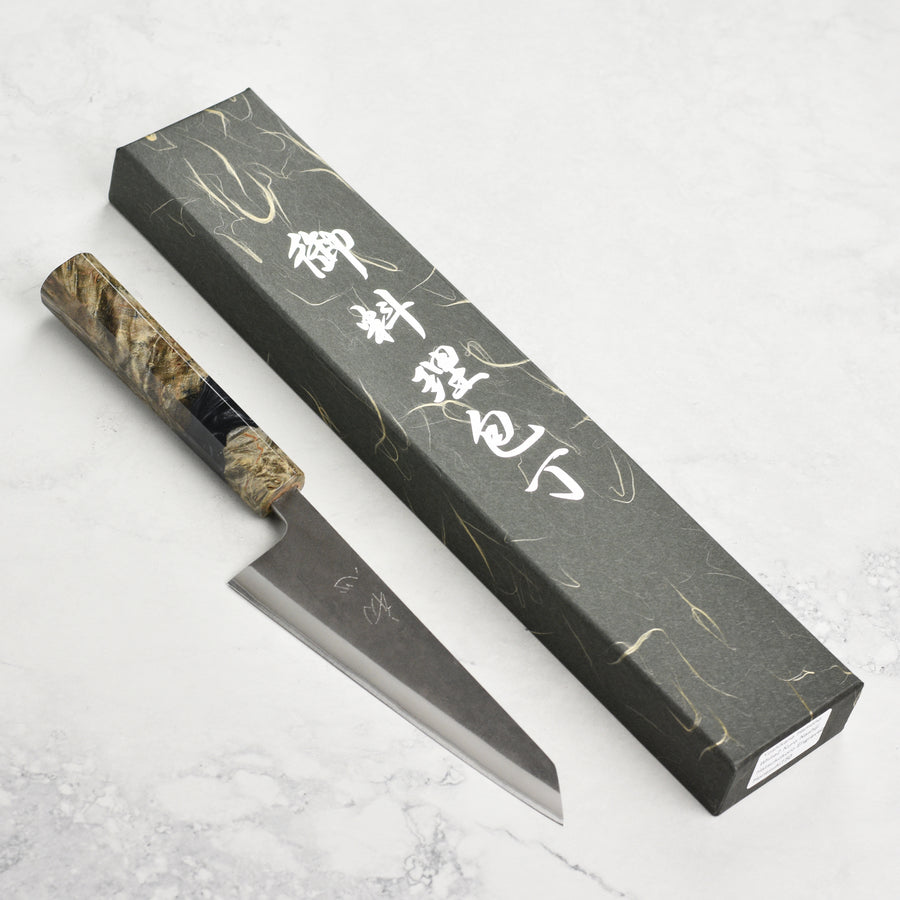 Yoshikane Shirogami #2 Kurouchi Stainless Clad 5.9" Honesuki, Stabilized Birch
