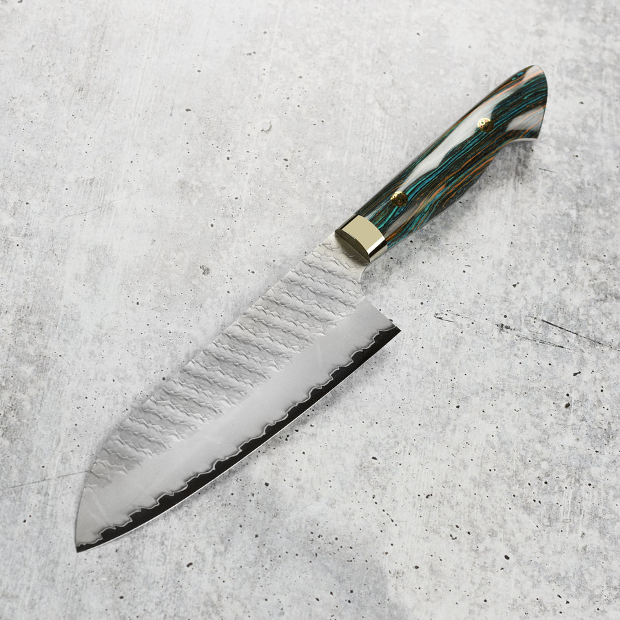 Nigara SG2 Migaki Tsuchime 7" Santoku, Striped Turquoise