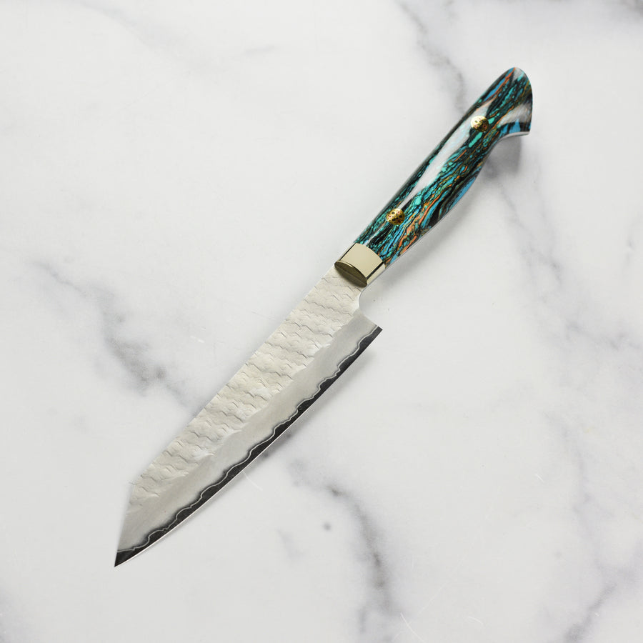 Nigara SG2 Migaki Tsuchime 5.9" Kiritsuke Petty, Striped Turquoise