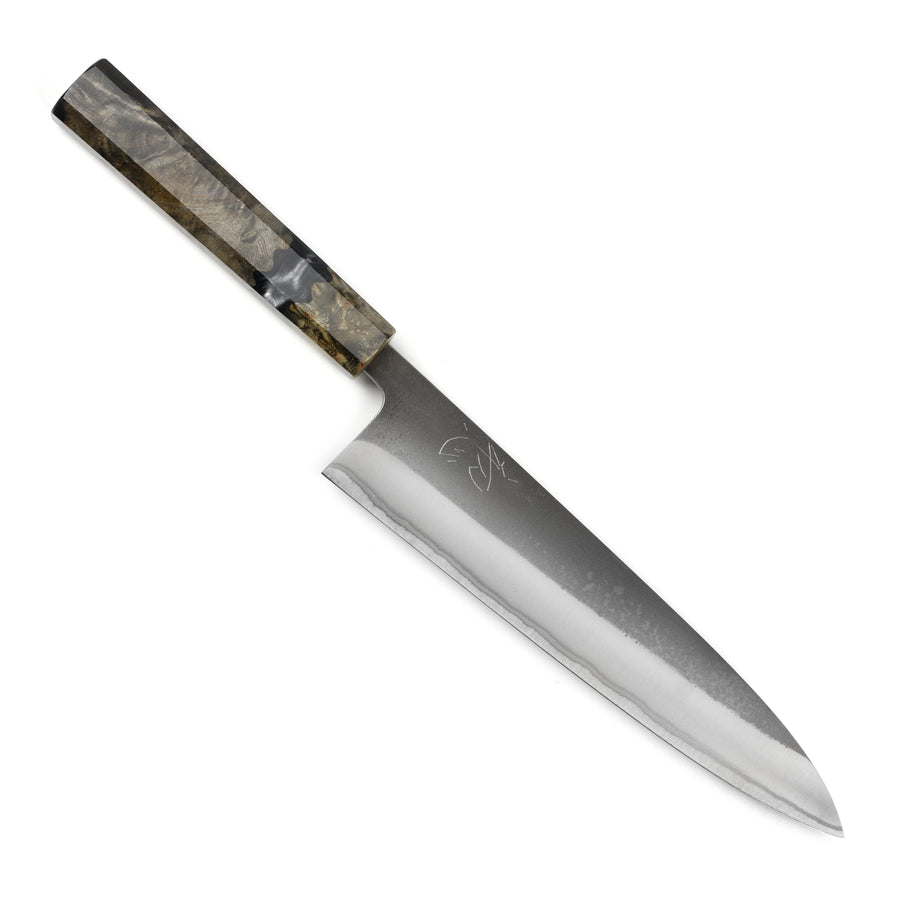 Yoshikane Shirogami #2 Kurouchi Stainless Clad 8.25" Gyuto, Stabilized Birch