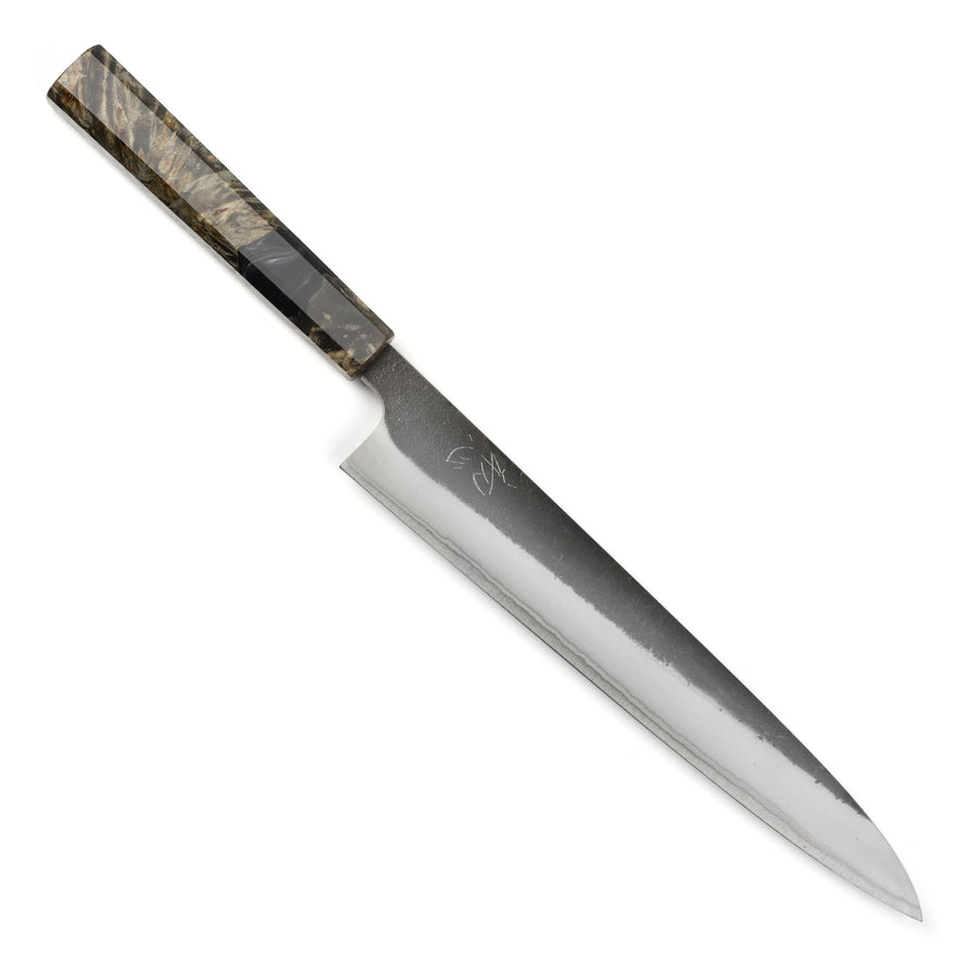 Yoshikane Shirogami #2 Kurouchi Stainless Clad 9.4" Sujihiki, Stabilized Birch