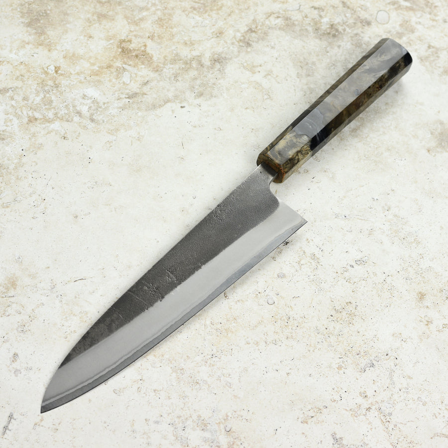 Yoshikane Shirogami #2 Kurouchi Stainless Clad 8.25" Gyuto, Stabilized Birch