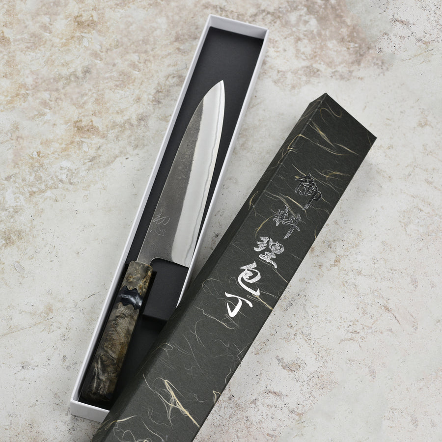 Yoshikane Shirogami #2 Kurouchi Stainless Clad 8.25" Gyuto, Stabilized Birch