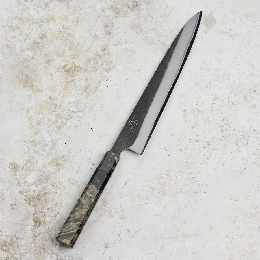 Yoshikane Shirogami #2 Kurouchi Stainless Clad 9.4" Sujihiki, Stabilized Birch