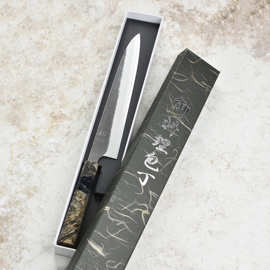 Yoshikane Shirogami #2 Kurouchi Stainless Clad 9.4" Sujihiki, Stabilized Birch