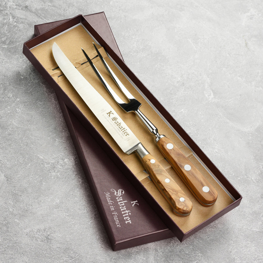 K Sabatier Olive Wood Carving Knife & Fork Set