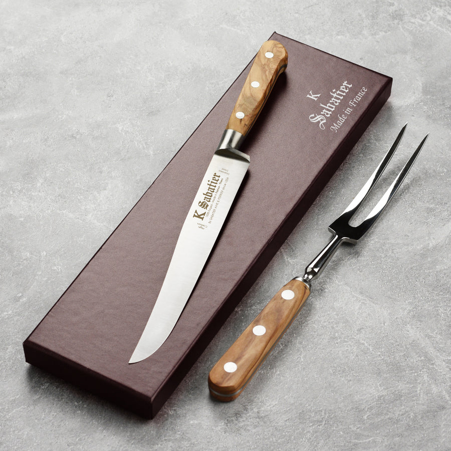 K Sabatier Olive Wood Carving Knife & Fork Set