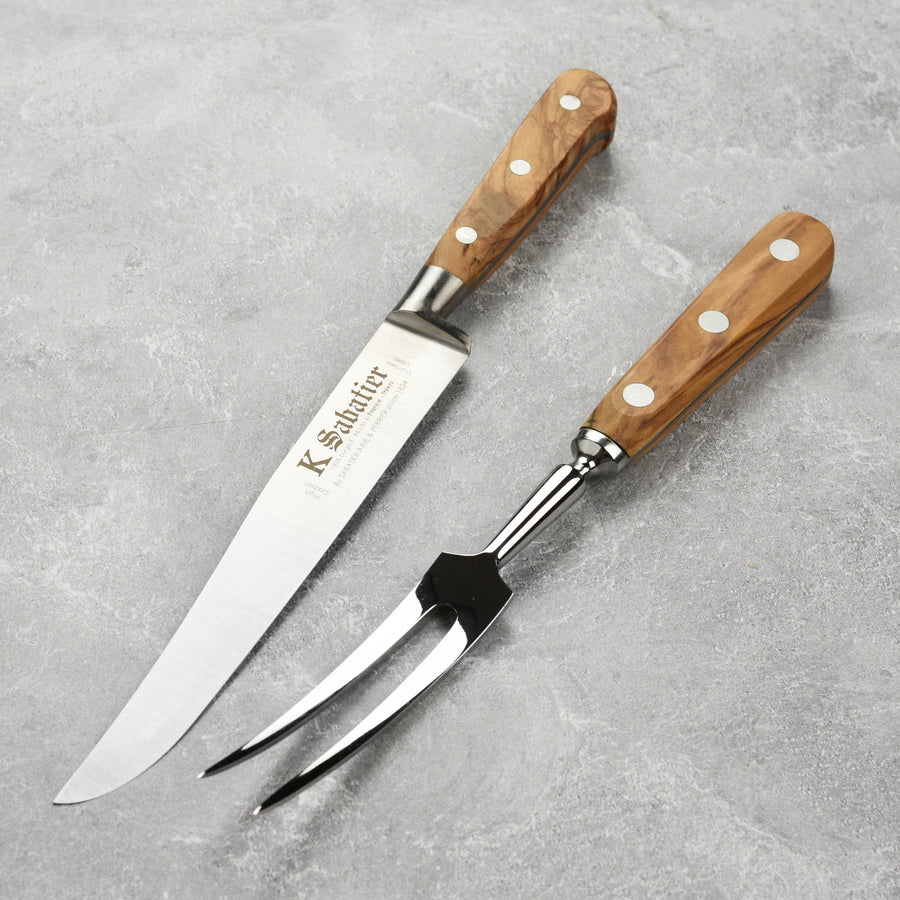 K Sabatier Olive Wood Carving Knife & Fork Set