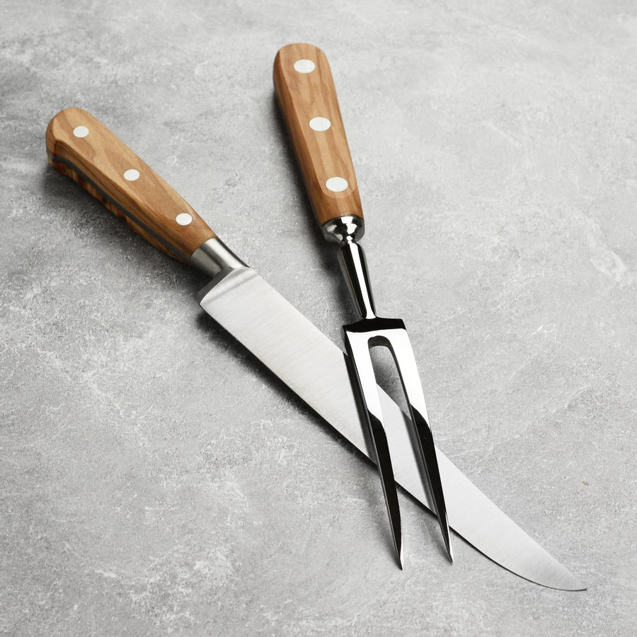 K Sabatier Olive Wood Carving Knife & Fork Set