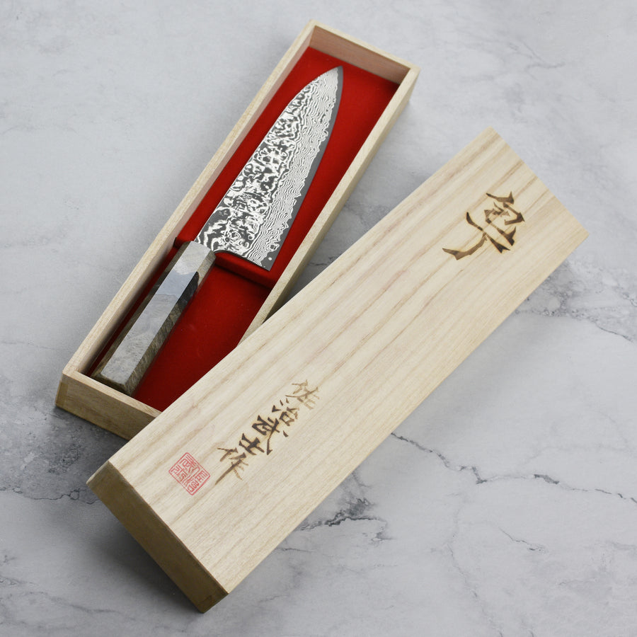 Saji SG2 Black Damascus 8.25" Gyuto, Stabilized Birch