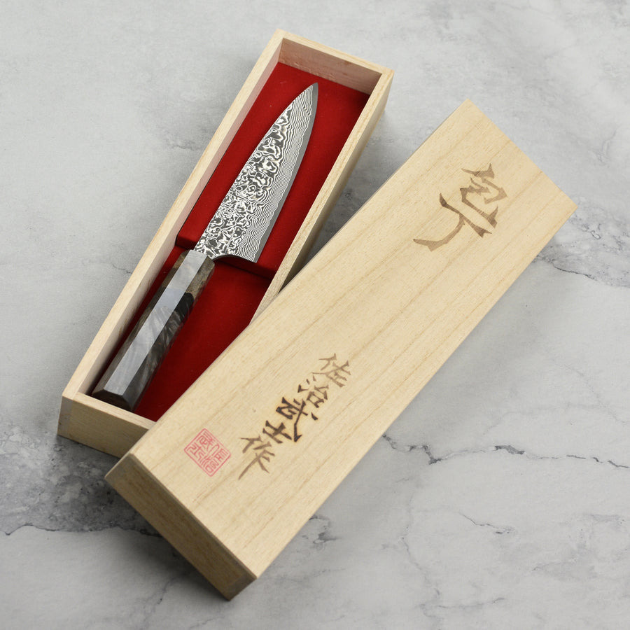 Saji SG2 Black Damascus 5.9" Petty, Stabilized Birch