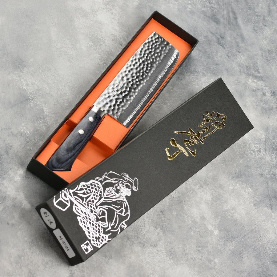 Masutani VG10 Hammered Damascus 6.7" Tall Nakiri, Blue Handle